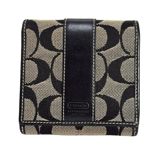 Auth COACH Signature - Gray Black Jacquard Leather Double-hook Wallet - Picture 1 of 5